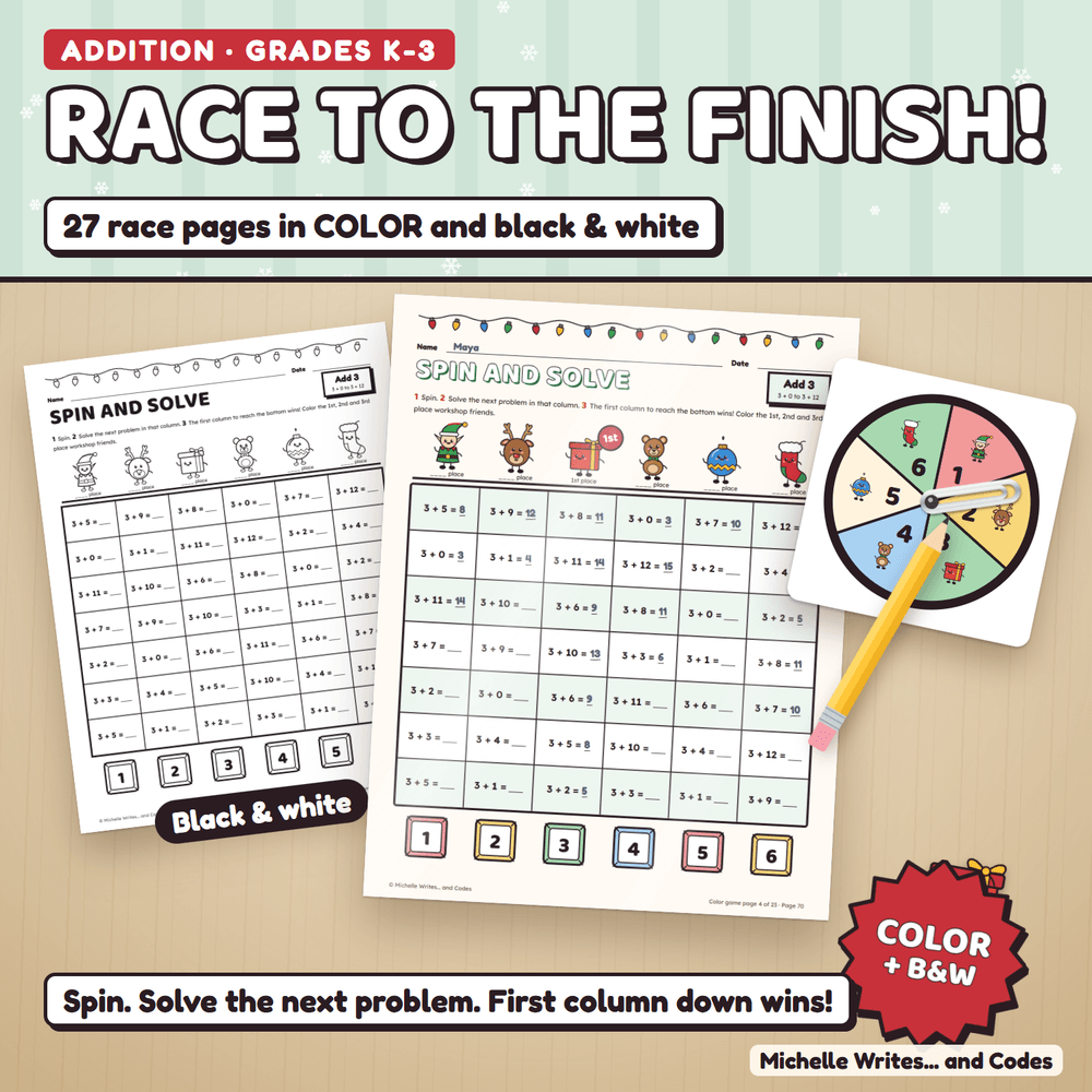 Race to the finish: a color addition game page with answers filled in and the 1st place workshop friend crowned, beside the black and white version and a spinner. 27 race pages in color and black and white.