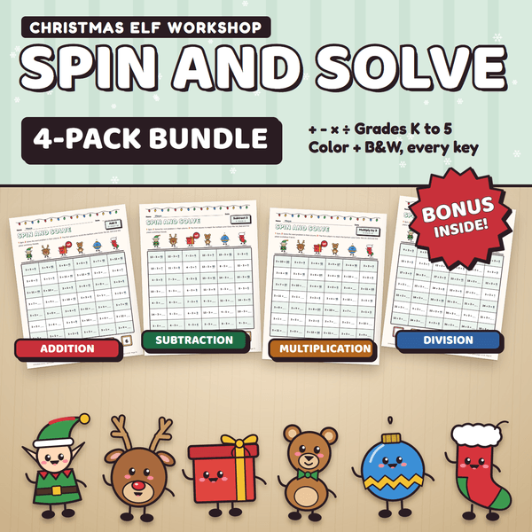 Christmas Elf Workshop Spin and Solve 4-Pack Bundle, Grades K to 5: four color game pages being played on a desk, labeled Addition, Subtraction, Multiplication and Division, with a Bonus inside badge and the Christmas characters in front.