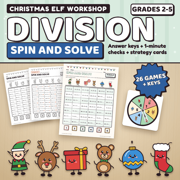 Christmas Elf Workshop Division Spin and Solve, Grades 2 to 5: a color game page being played on a desk next to a black and white page, its answer key, and a paper clip spinner, with the Christmas characters lined up in front. 26 games plus keys.
