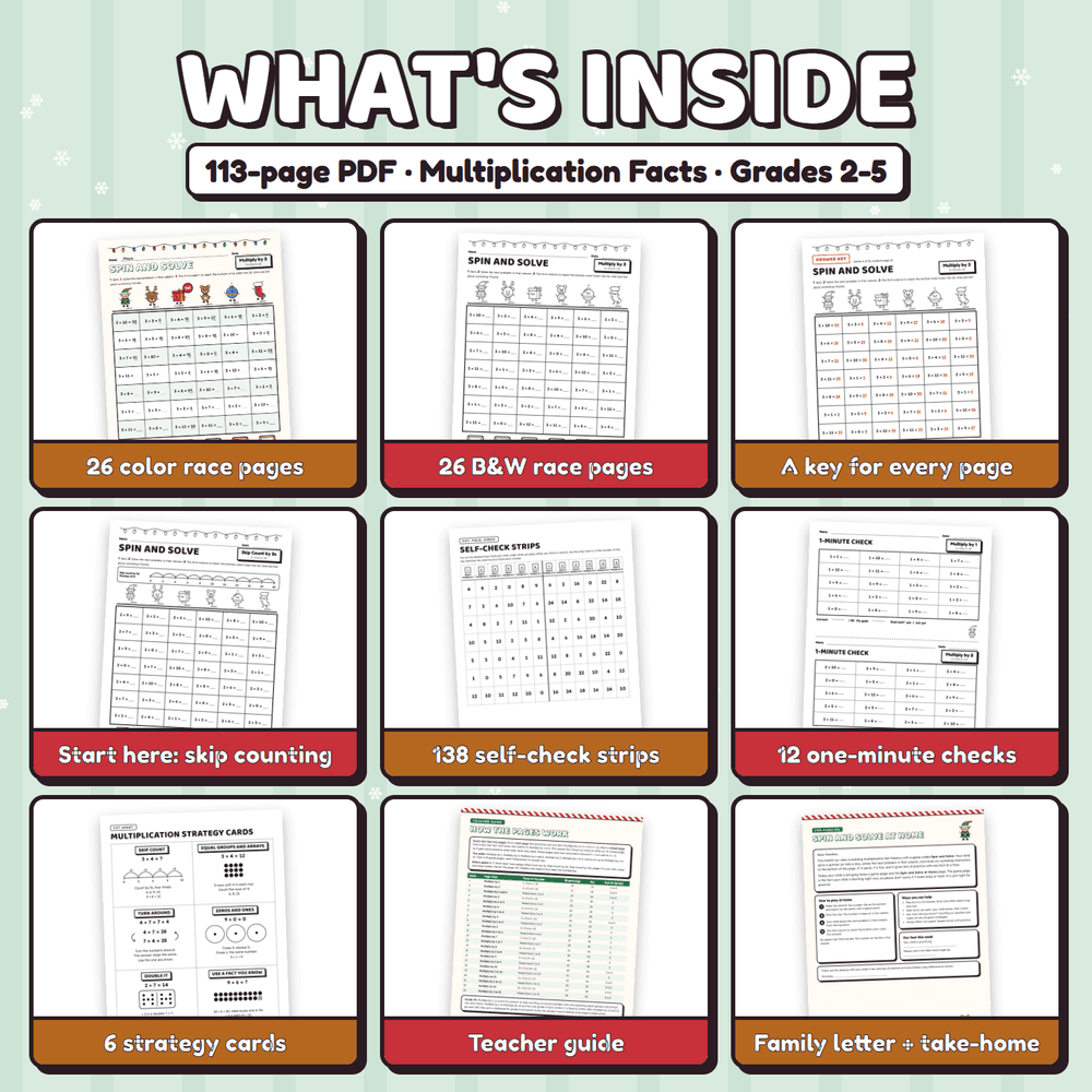 What is inside the 113-page PDF: color and black and white race pages, an answer key for every page, start here pages, self-check strips, 12 one-minute checks, strategy cards, a teacher guide, and a family letter.