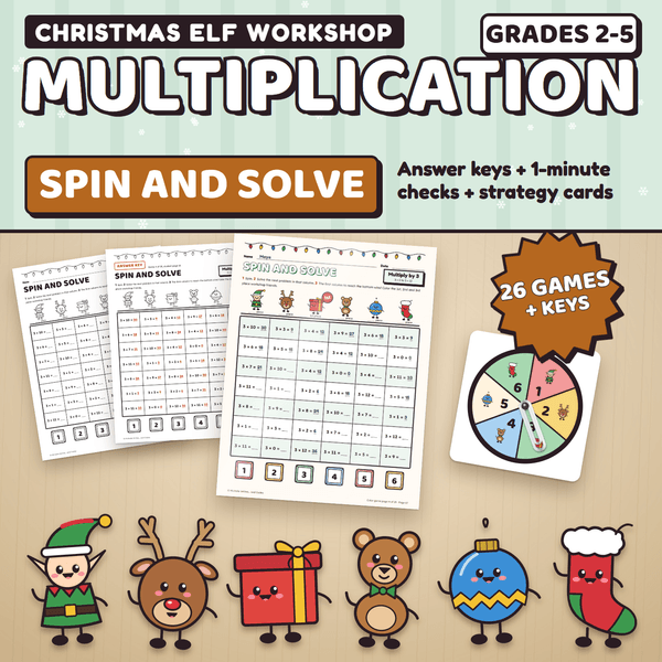 Christmas Elf Workshop Multiplication Spin and Solve, Grades 2 to 5: a color game page being played on a desk next to a black and white page, its answer key, and a paper clip spinner, with the Christmas characters lined up in front. 26 games plus keys.