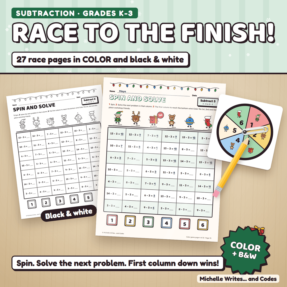 Race to the finish: a color subtraction game page with answers filled in and the 1st place workshop friend crowned, beside the black and white version and a spinner. 27 race pages in color and black and white.