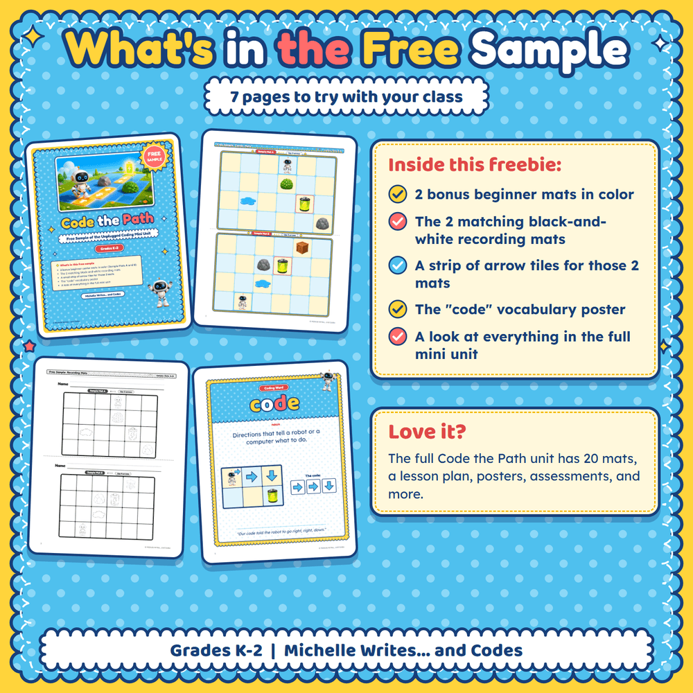 What's in the free sample: 7 pages including two color mats, recording mats, arrow tiles, and the code poster.