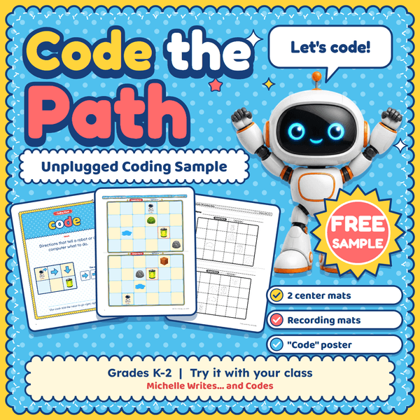 Code the Path free sample cover: a cheering robot, two sample mats, and a FREE SAMPLE badge.
