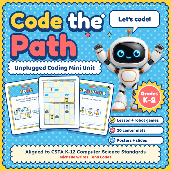 Code the Path cover: a smiling white robot beside sample puzzle mats, labeled Grades K-2.