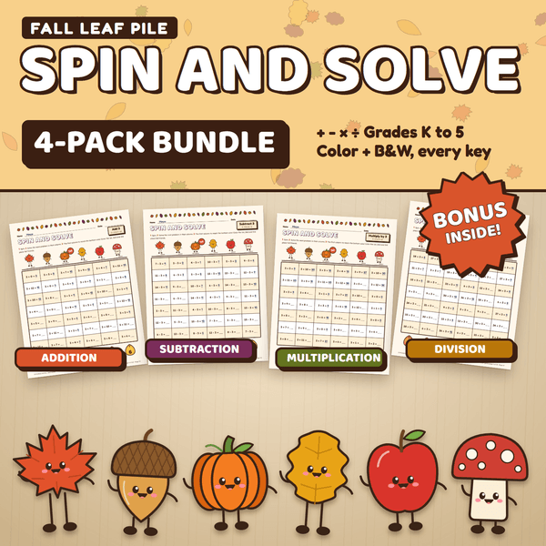 Fall Leaf Pile Spin and Solve 4-Pack Bundle, Grades K to 5: four color game pages being played on a desk, labeled Addition, Subtraction, Multiplication and Division, with a Bonus inside badge and the fall characters in front.
