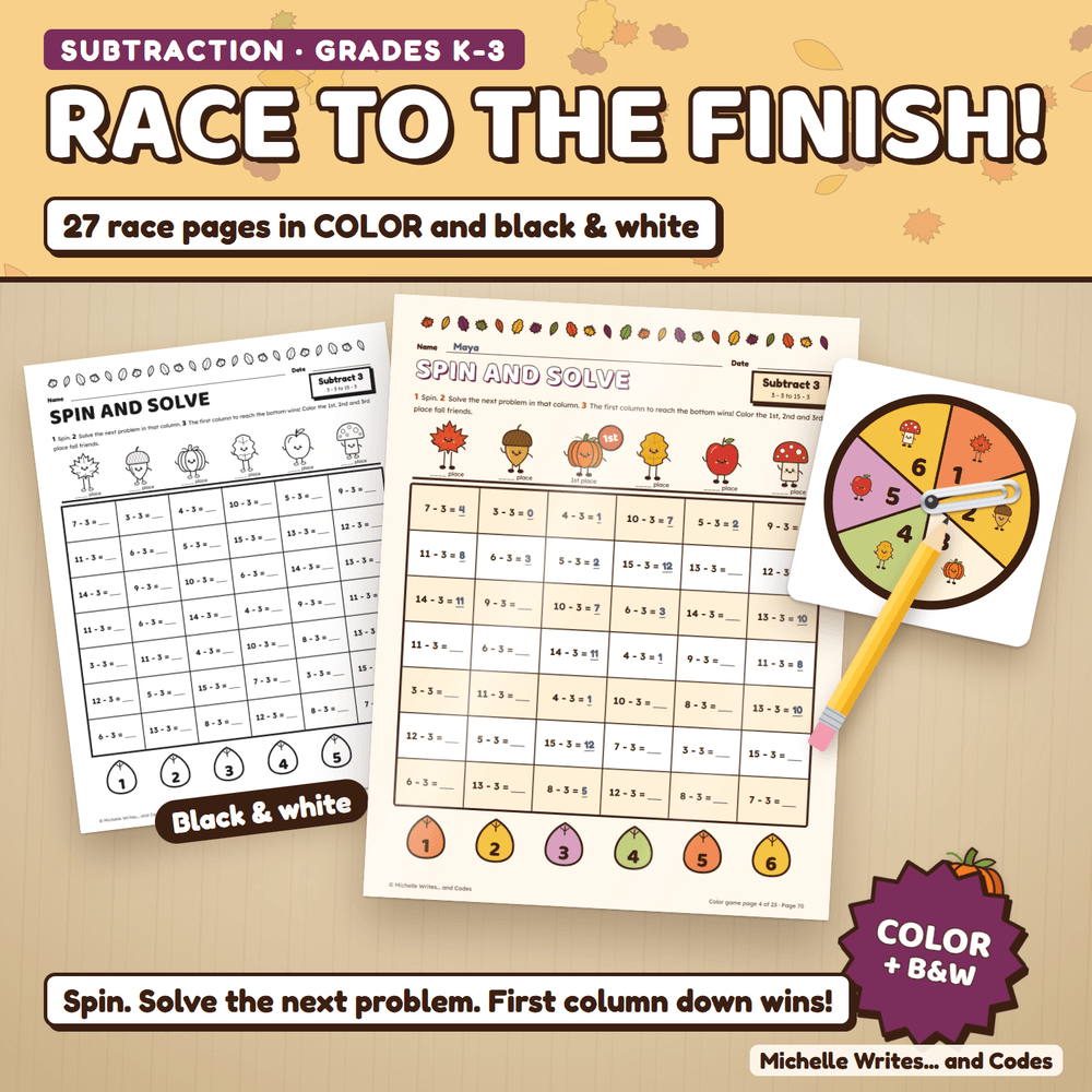 Race to the finish: a color subtraction game page with answers filled in and the 1st place fall friend crowned, beside the black and white version and a spinner. 27 race pages in color and black and white.