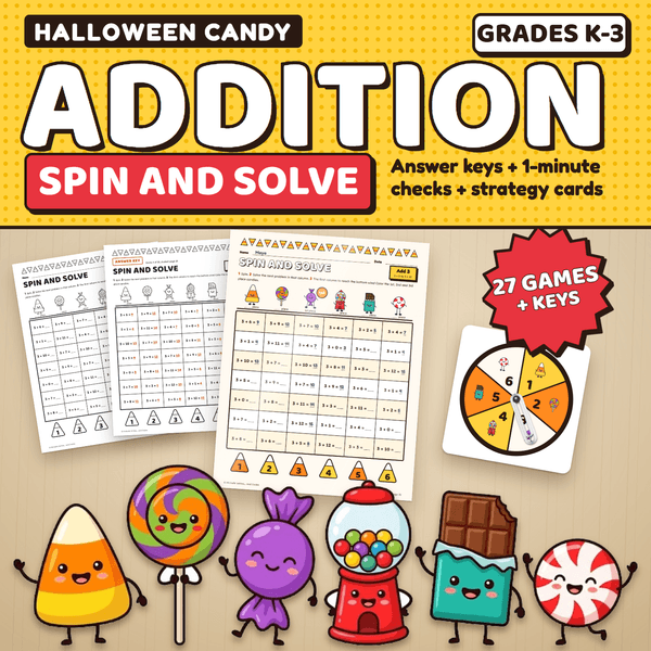 Halloween Candy Addition Spin and Solve, Grades K to 3: a color game page being played on a desk next to a black and white page, its answer key, and a paper clip spinner. 27 games plus keys.