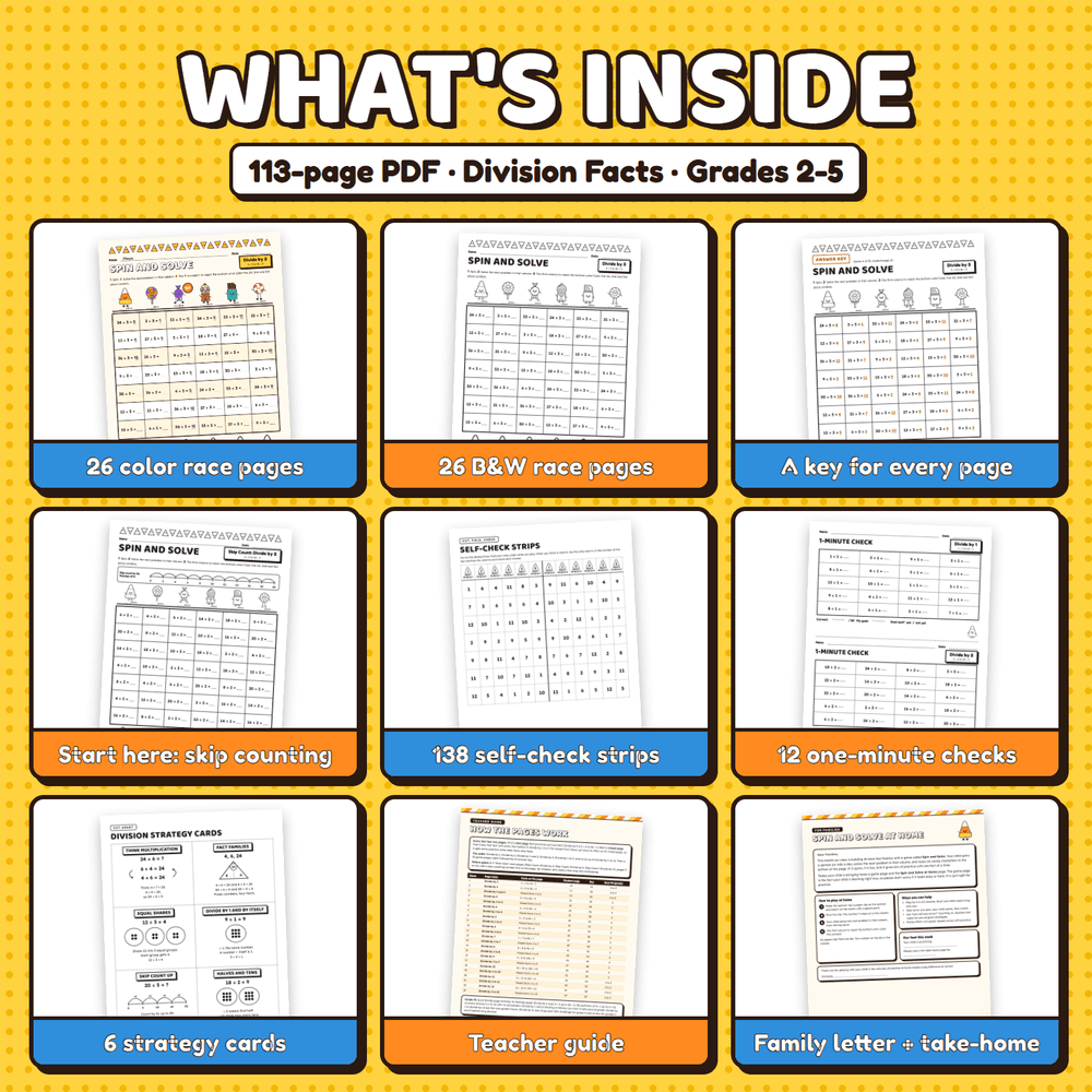 What is inside the 113-page PDF: color and black and white race pages, an answer key for every page, start here pages, self-check strips, 12 one-minute checks, strategy cards, a teacher guide, and a family letter.