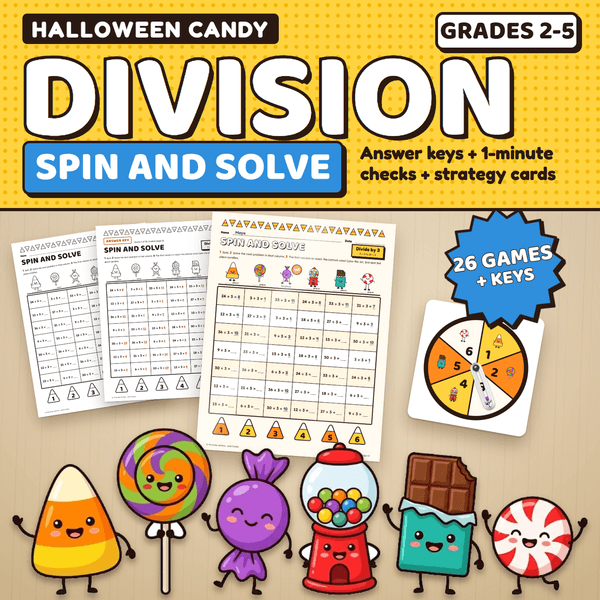 Halloween Candy Division Spin and Solve, Grades 2 to 5: a color game page being played on a desk next to a black and white page, its answer key, and a paper clip spinner. 26 games plus keys.