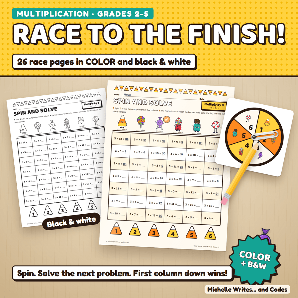 Race to the finish: a color multiplication game page with answers filled in and the 1st place candy crowned, beside the black and white version and a spinner. 26 race pages in color and black and white.