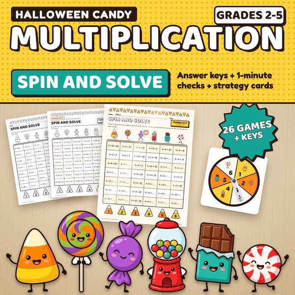 Halloween Candy Multiplication Spin and Solve, Grades 2 to 5: a color game page being played on a desk next to a black and white page, its answer key, and a paper clip spinner. 26 games plus keys.