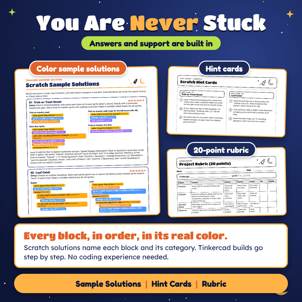 You are never stuck: color sample solutions, hint cards, and a 20-point rubric.