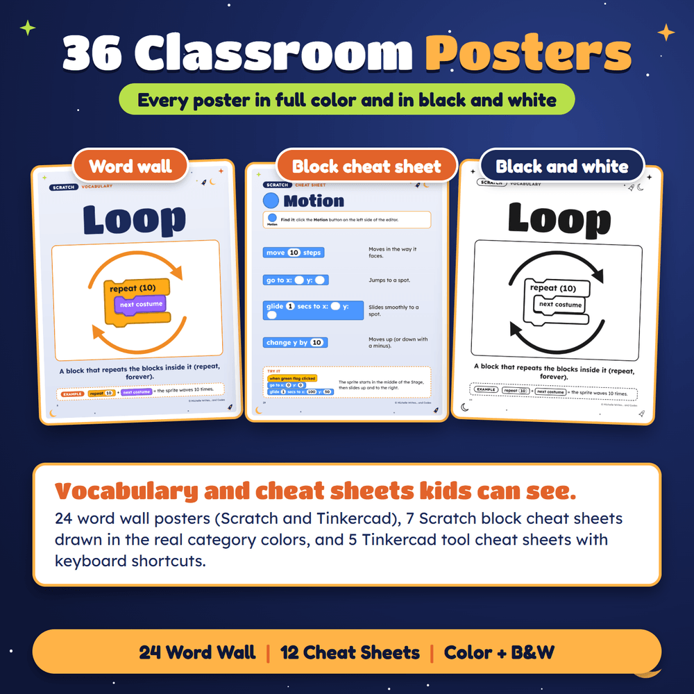 36 classroom posters: word wall and block cheat sheet posters in color and in black and white.