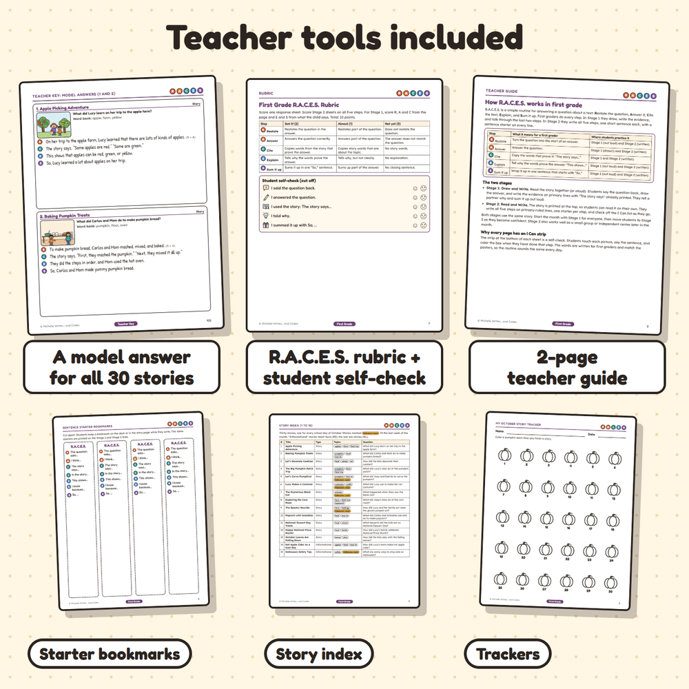 Teacher tools: model answers for all 30 stories, a rubric, a teacher guide, sentence starter bookmarks, a story index, and trackers.