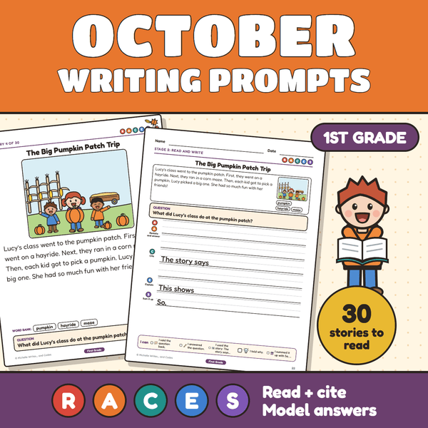 October Writing Prompts, First Grade: a story page about a pumpkin patch trip beside a Stage 2 sheet with primary lines, with a boy holding a book, a 30 stories badge, and the letters R, A, C, E, S.