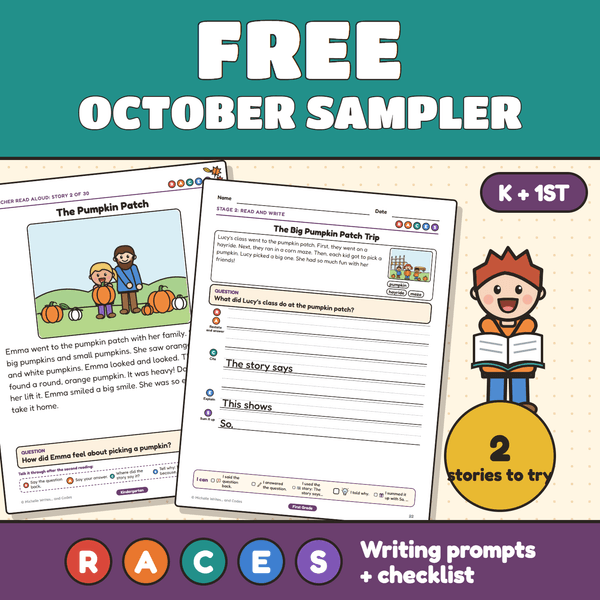 FREE October Sampler: a kindergarten read-aloud page and a first grade Stage 2 sheet, with the letters R, A, C, E, S.