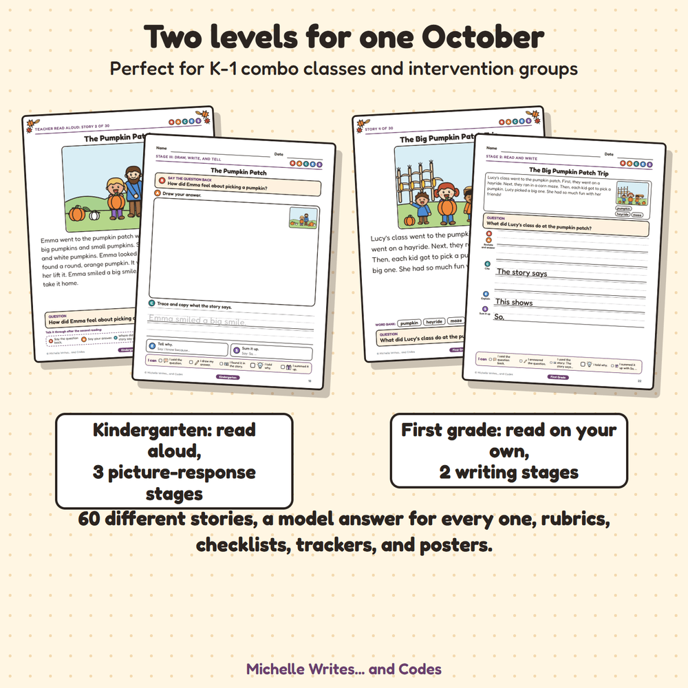 Two levels for one October: kindergarten read-aloud pages and first grade read-and-write pages.