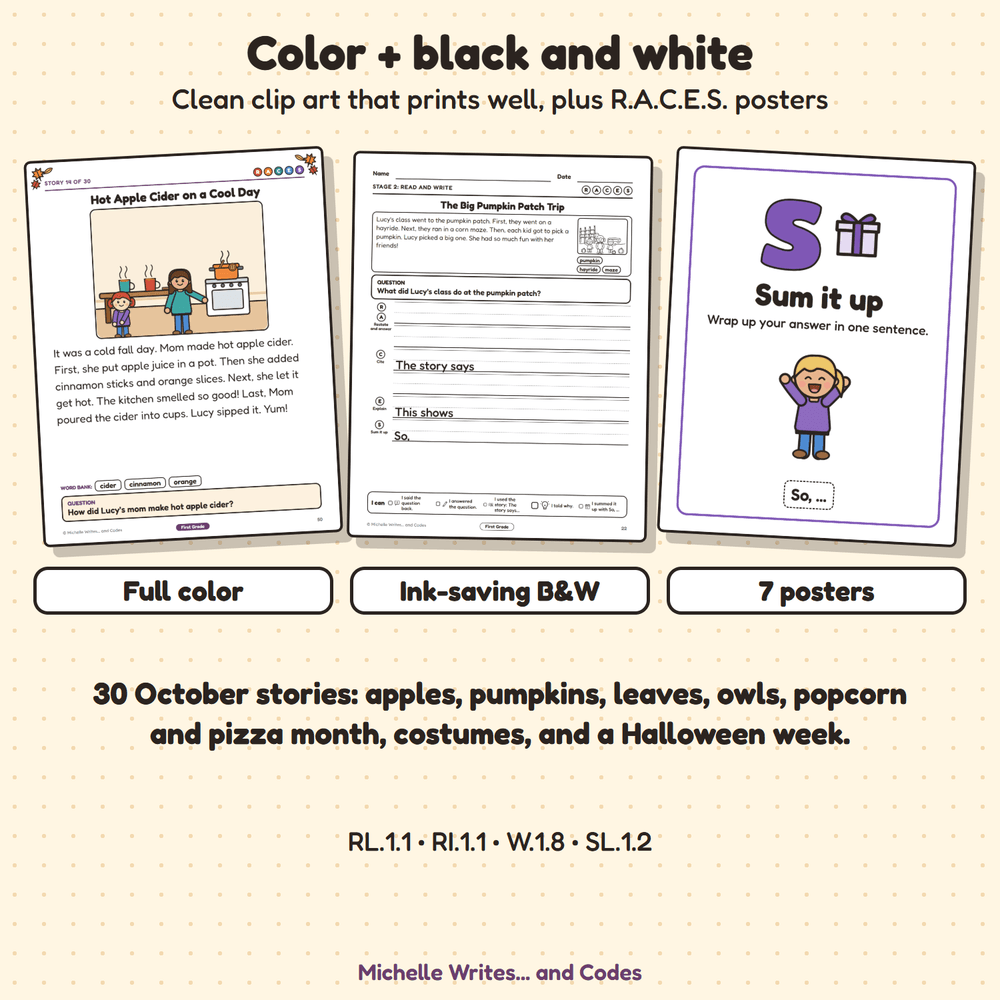 Color and black and white pages with clip art that prints well, plus a R.A.C.E.S. poster.