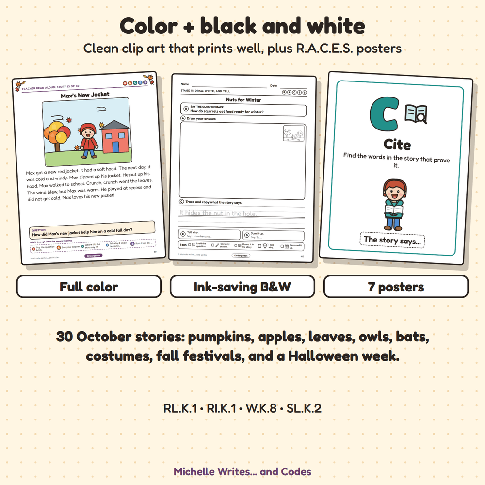 Color and black and white pages with clip art that prints well, plus a R.A.C.E.S. poster.