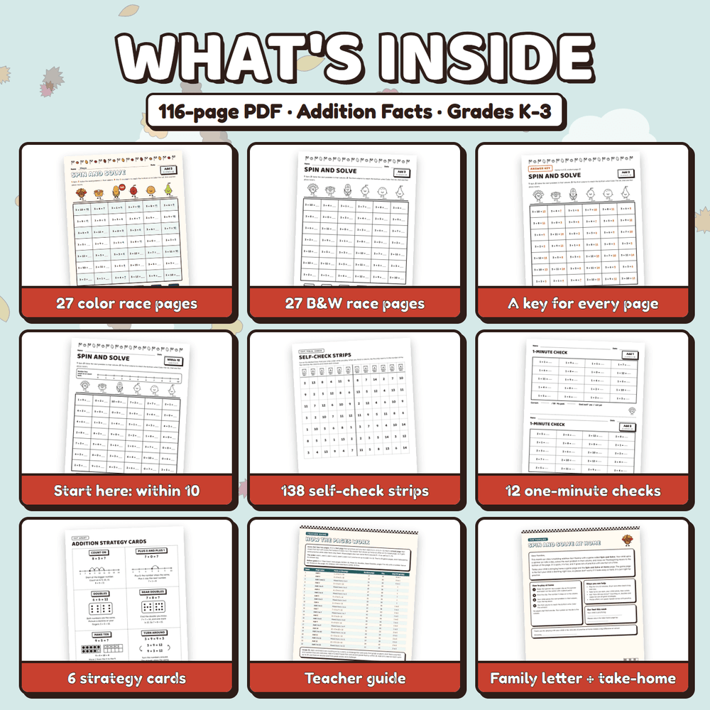What is inside the 116-page PDF: color and black and white race pages, an answer key for every page, start here pages, self-check strips, 12 one-minute checks, strategy cards, a teacher guide, and a family letter.