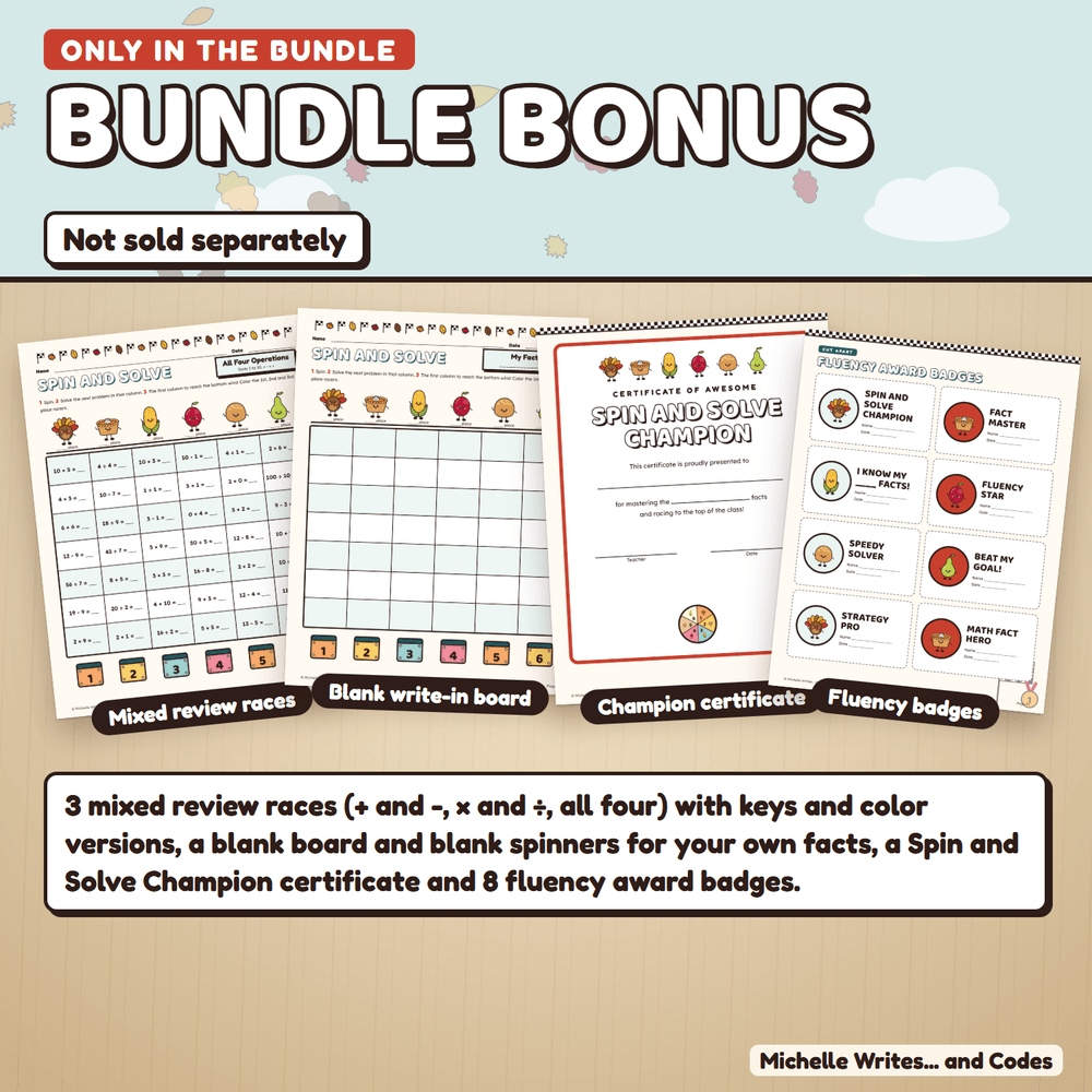The bundle-only bonus: mixed review races, a blank write-in game board, a Spin and Solve Champion certificate, and fluency award badges.