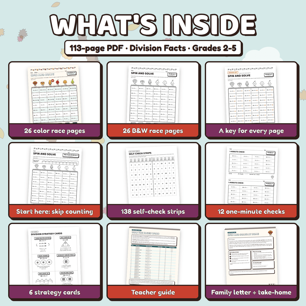 What is inside the 113-page PDF: color and black and white race pages, an answer key for every page, start here pages, self-check strips, 12 one-minute checks, strategy cards, a teacher guide, and a family letter.