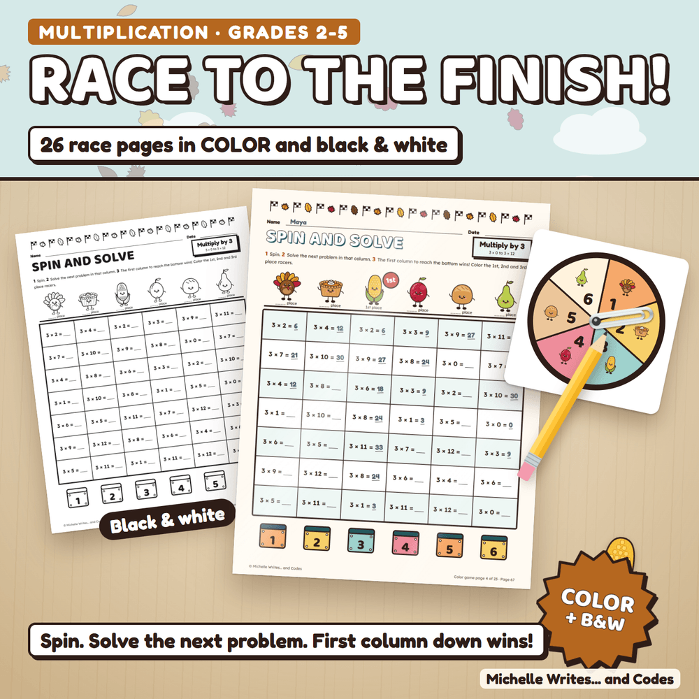 Race to the finish: a color multiplication game page with answers filled in and the 1st place racer crowned, beside the black and white version and a spinner. 26 race pages in color and black and white.